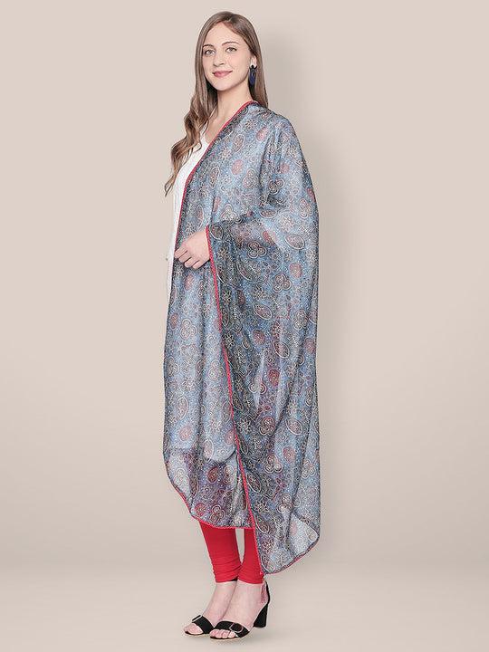 indigo printed art silk dupatta with lace