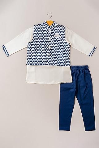 indigo printed bundi jacket with kurta set for boys