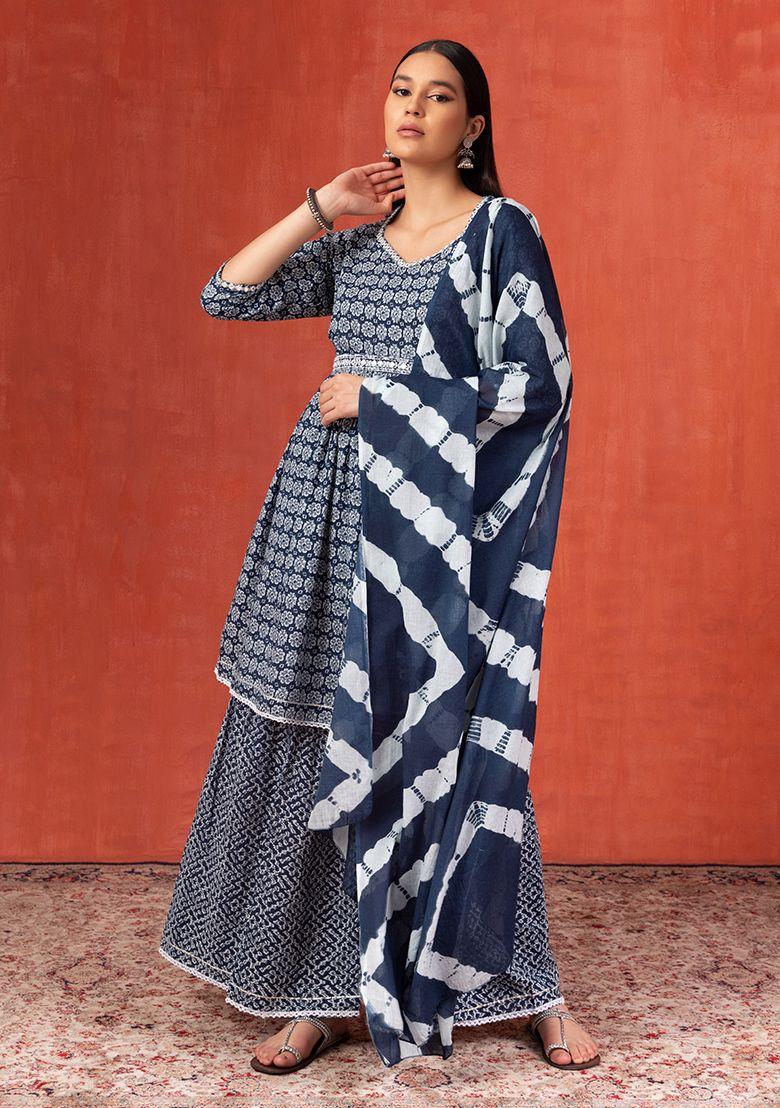 indigo printed cotton palazzo pants and kurta set with chanderi dupatta and belt (set of 4)