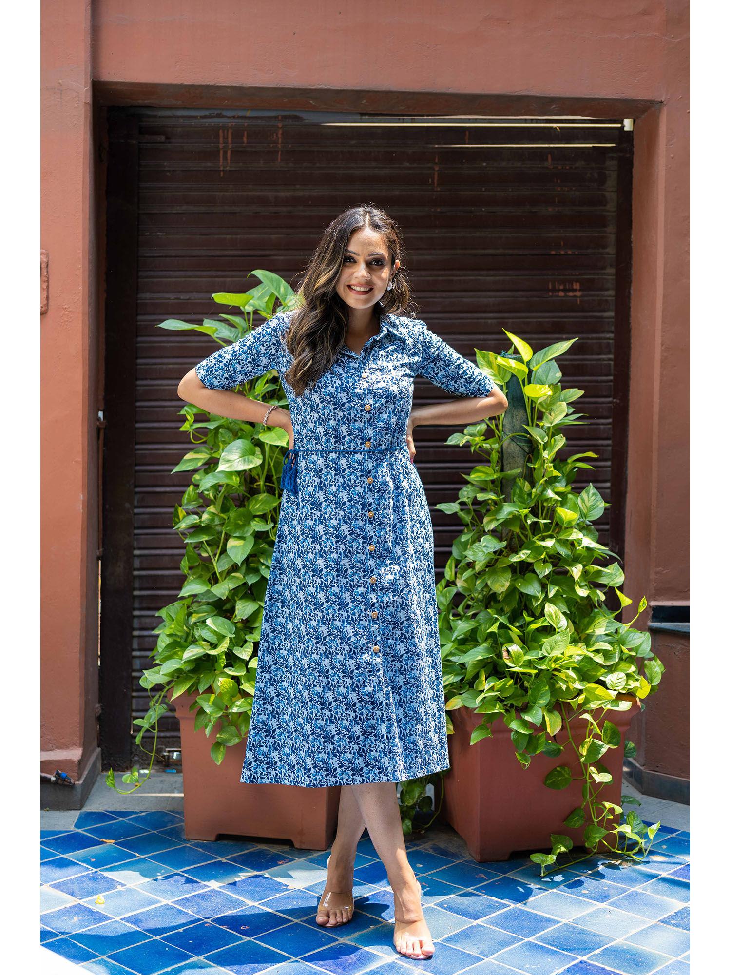 indigo pure cotton block printed dress with belt (set of 2)