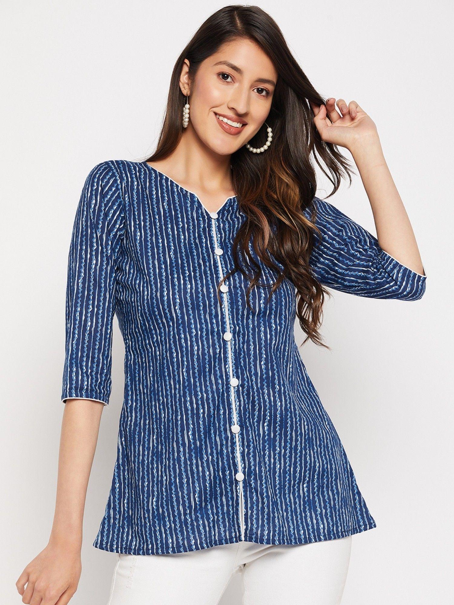 indigo pure cotton cambric printed a-line tunic