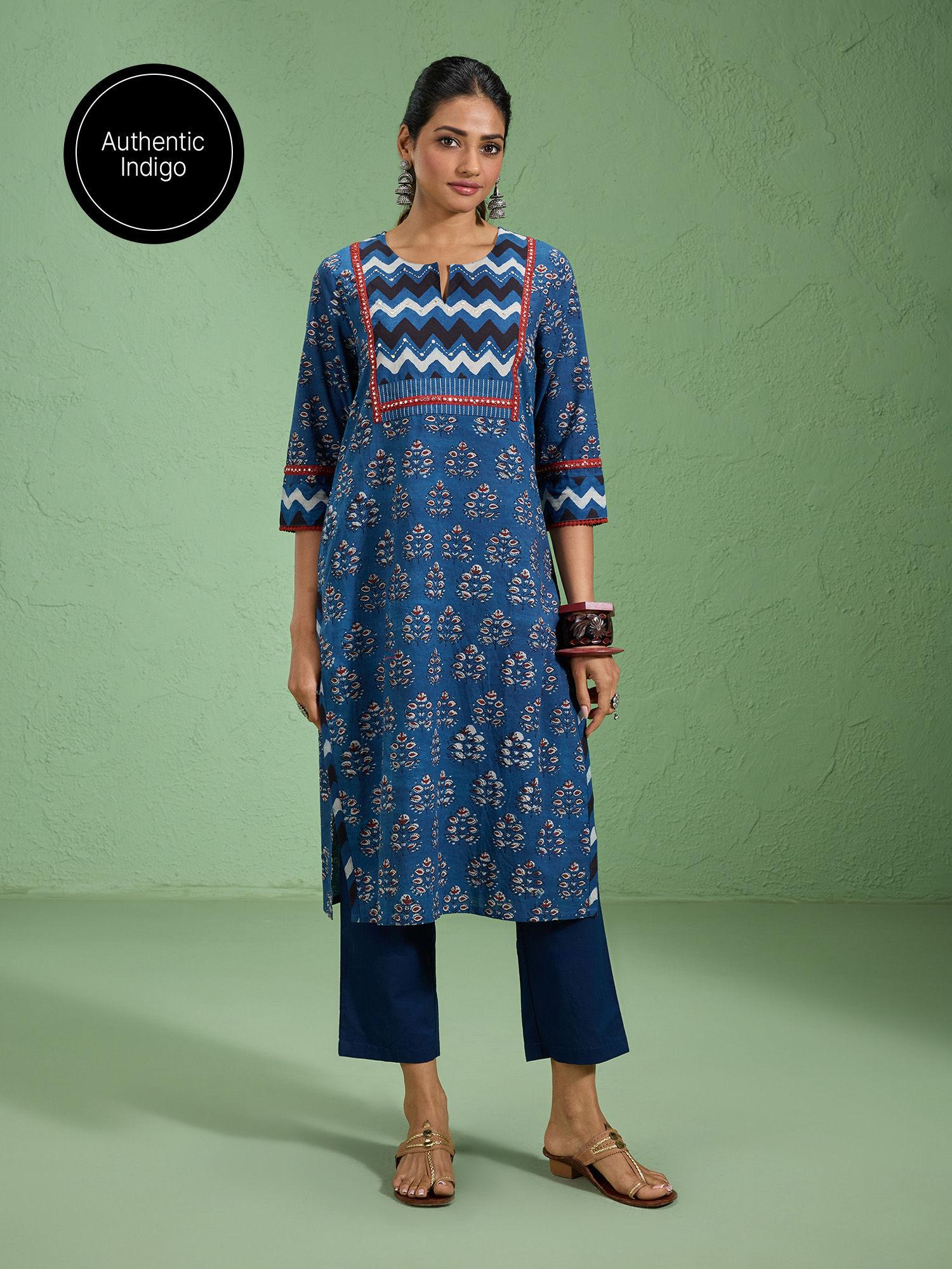 indigo pure cotton hand block printed straight kurta with mirror work likinks01