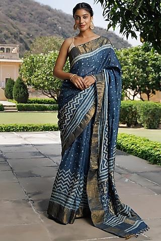 indigo pure tussar silk hand block printed saree set