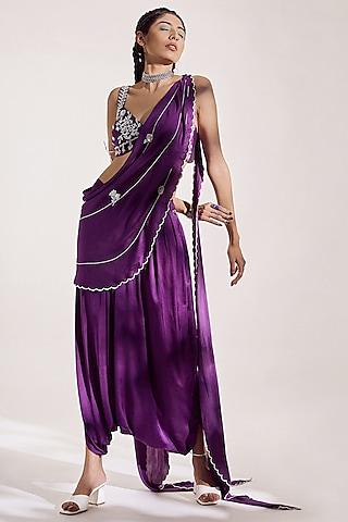 indigo purple satin silk draped saree set
