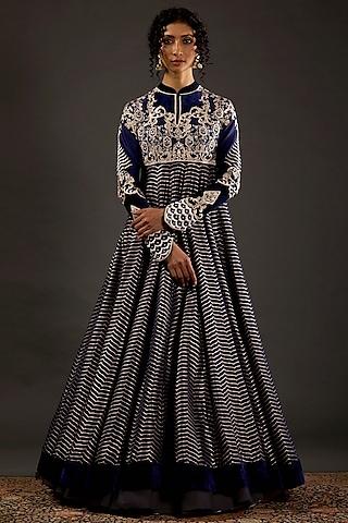 indigo resham & thread embroidered anarkali set