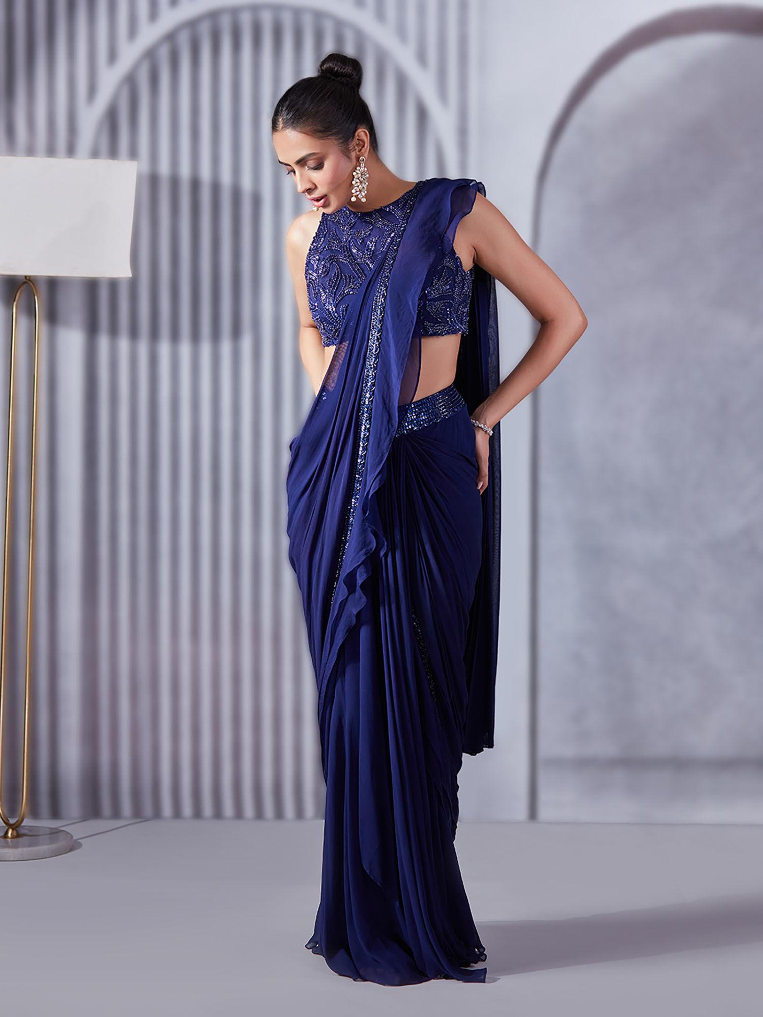 indigo ruffle saree with blouse with stitched