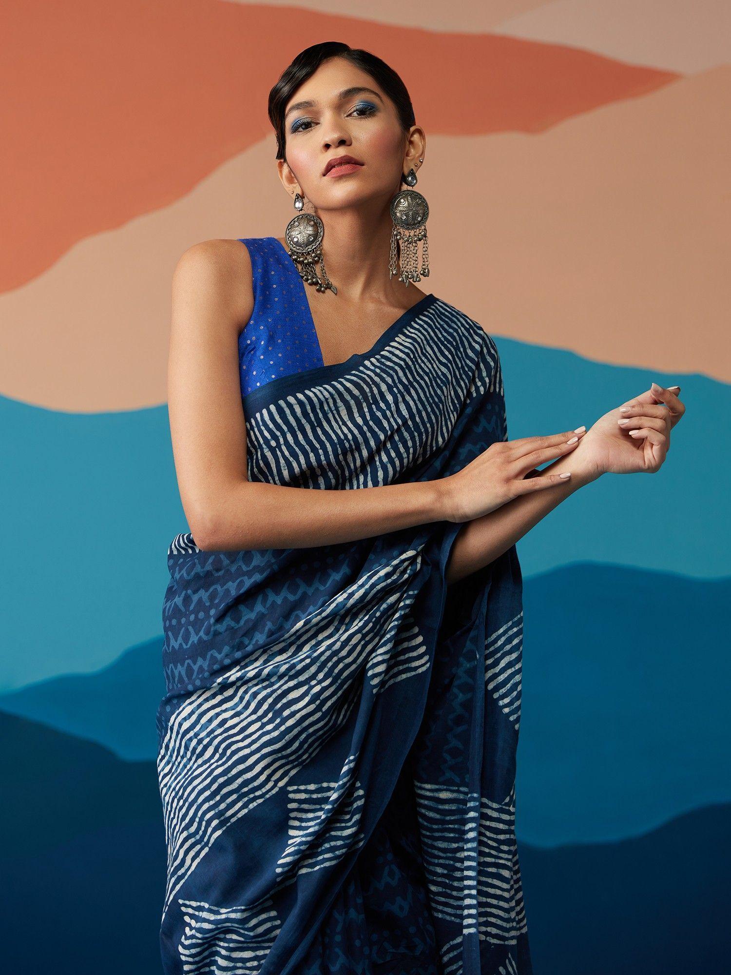 indigo saga blue cotton hand block print bagru saree with unstitched blouse liksar59 (free size)