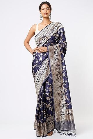 indigo saree set in banarasi silk