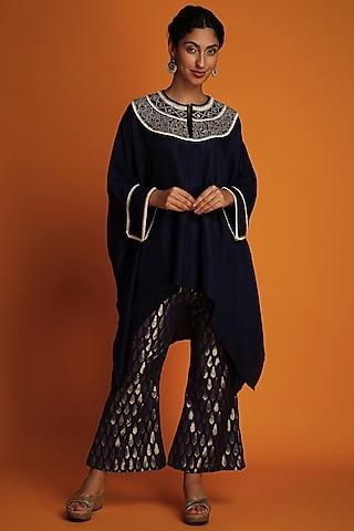 indigo satin hand embroidered kaftan tunic