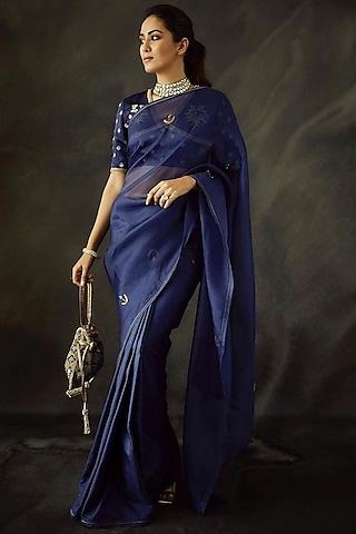 indigo silk & organza hand embroidered saree