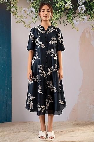 indigo silk chanderi printed shirt dress with belt