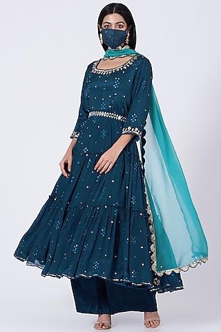 indigo silk chiffon anarkali set