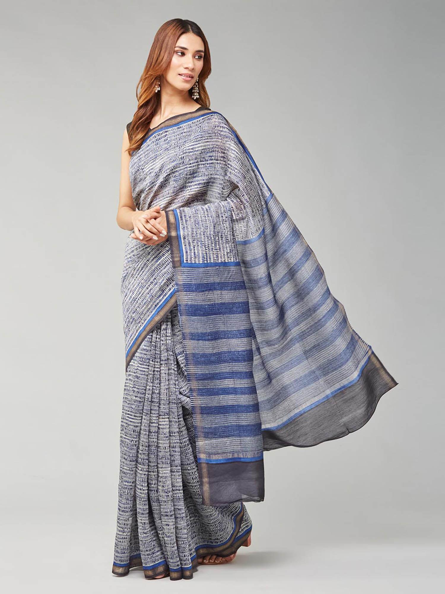 indigo silk hand block printed saree without blouse