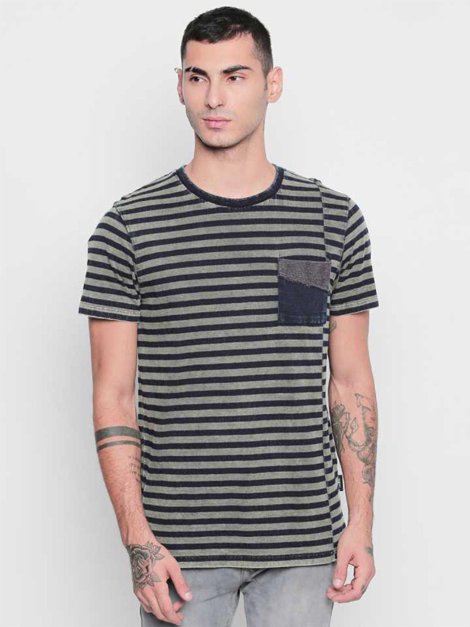 indigo striped cotton blend half sleeve t-shirt for men