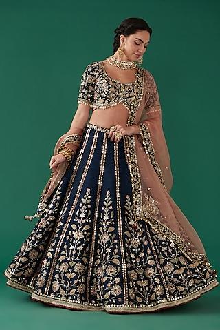 indigo velvet hand embroidered kalidar lehenga set