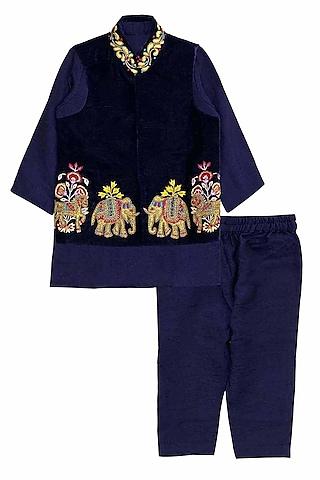 indigo velvet silk thread embroidered bundi jacket set for boys