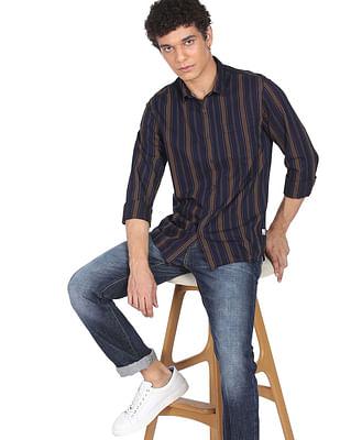 indigo vertical stripe pure cotton casual shirt