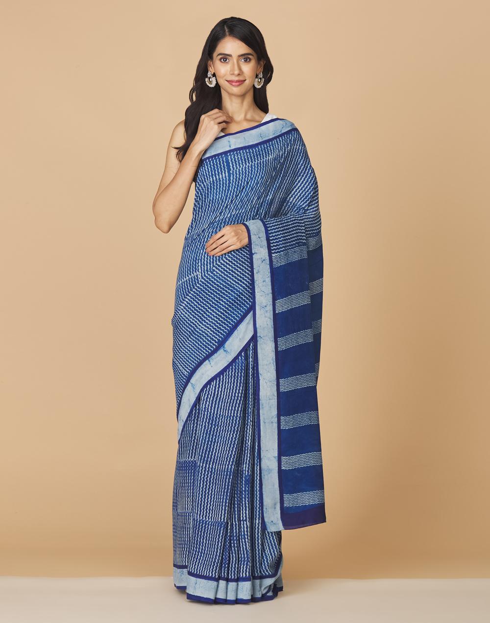 indigo viscose blend dabu printed sari