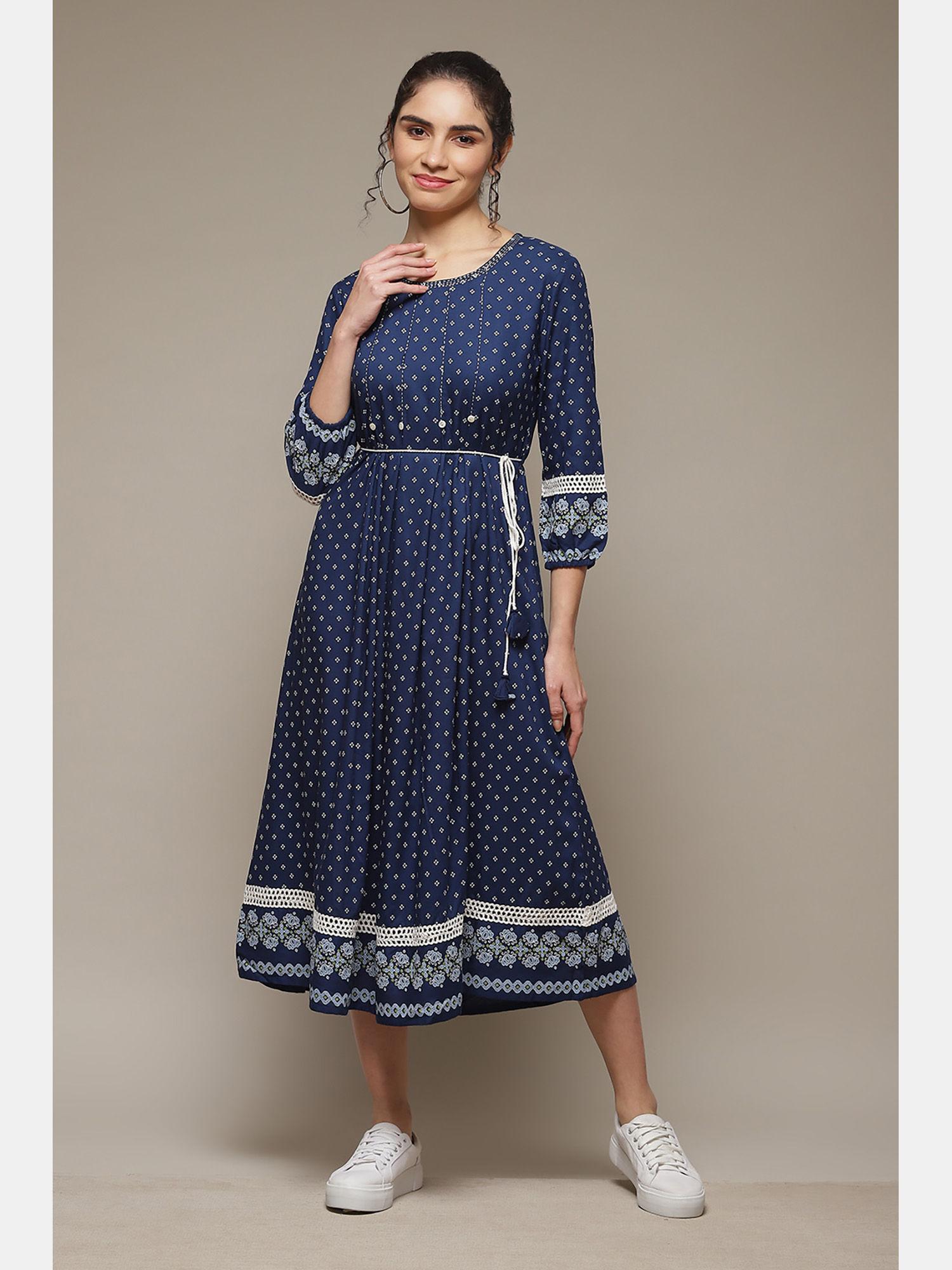 indigo viscose kalidar dress with belt (set of 2)