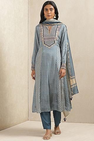 indigo viscose printed kurta set