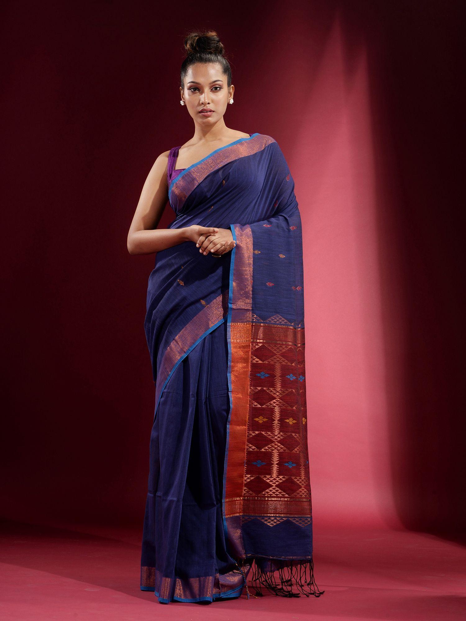 indigo with ethnic motif and zari design saree with unstitched blouse