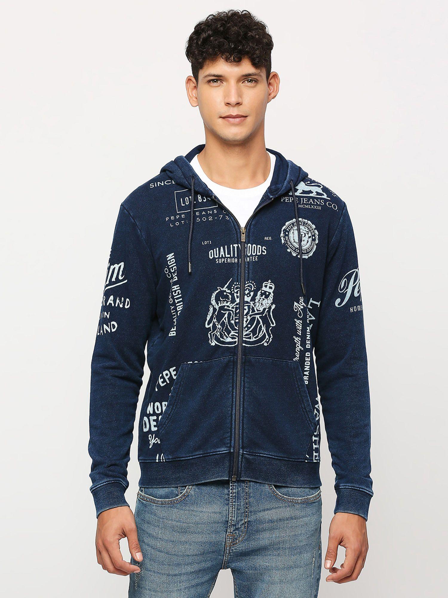 indigo zip thru typography hooded sweatshirt