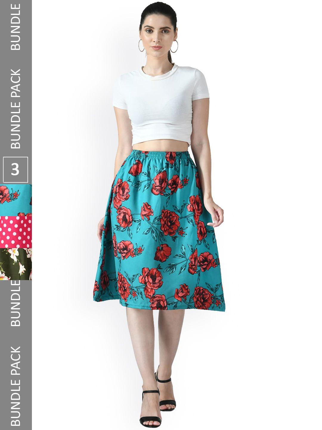 indiweaves pack of 3 floral printed flared midiskirts