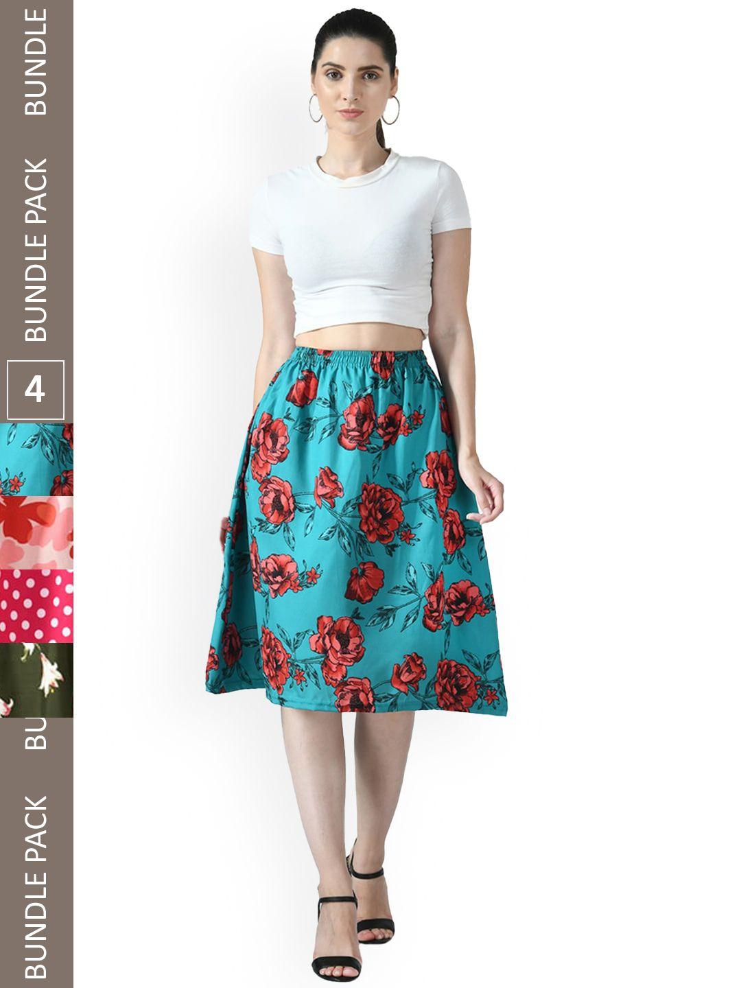 indiweaves pack of 4 floral printed flared midi skirts