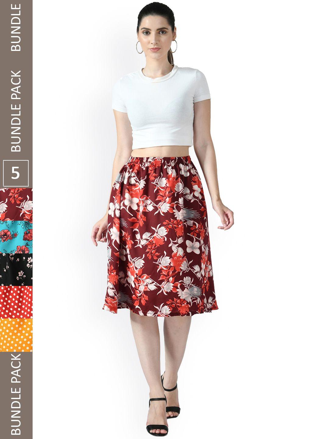 indiweaves pack of 5 floral printed flared midi skirts