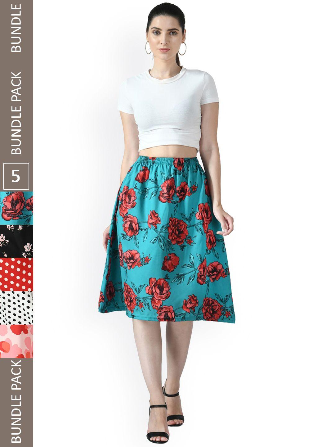 indiweaves pack of 5 floral printed flared midi skirts
