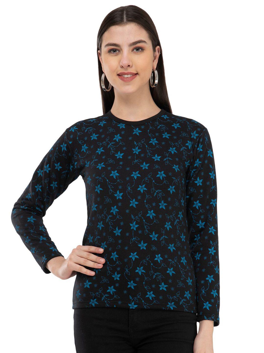 indiweaves women black floral printed mandarin collar drop-shoulder sleeves woollen pockets t-shirt