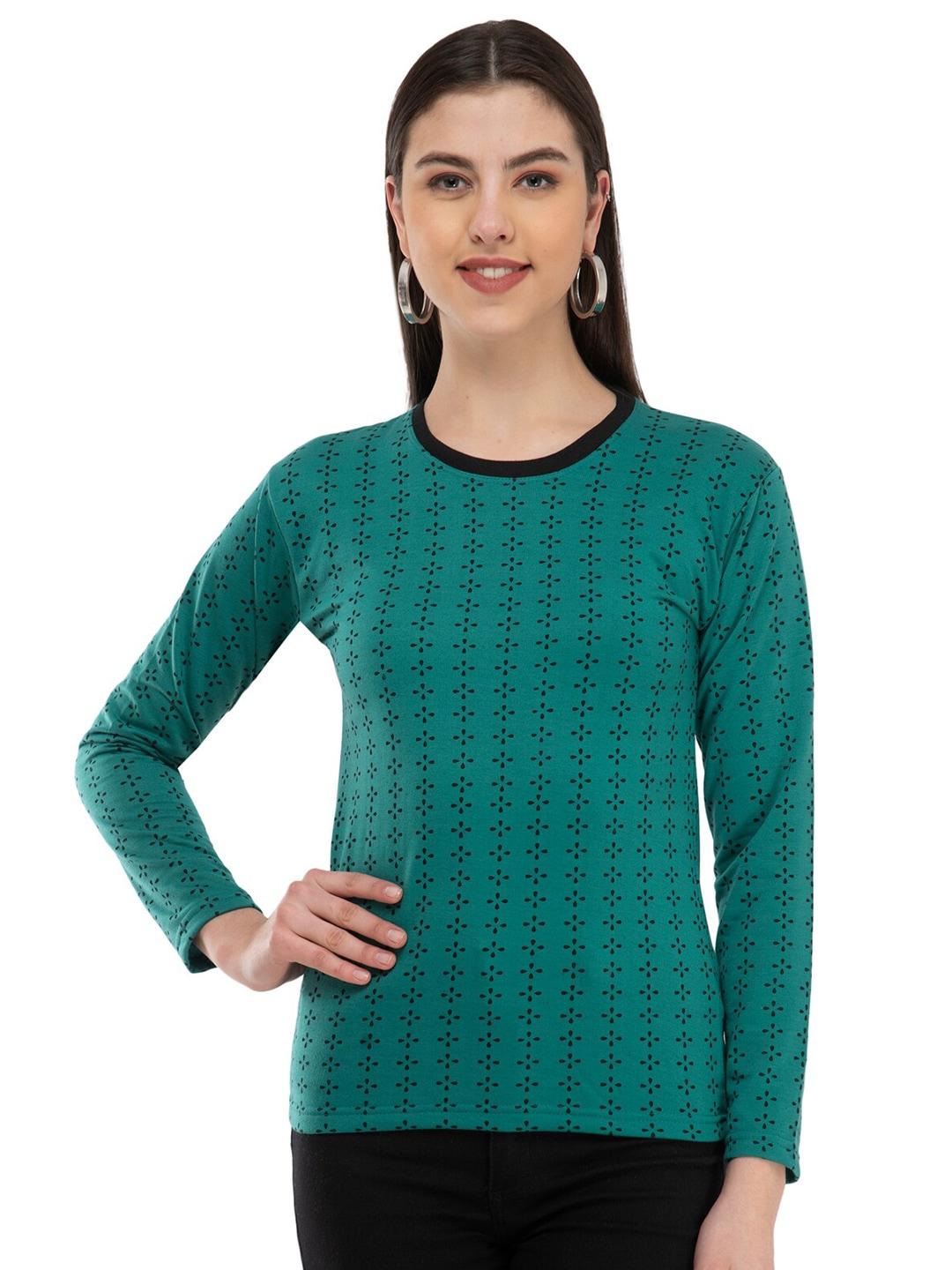 indiweaves women green printed drop-shoulder sleeves woollen pockets t-shirt