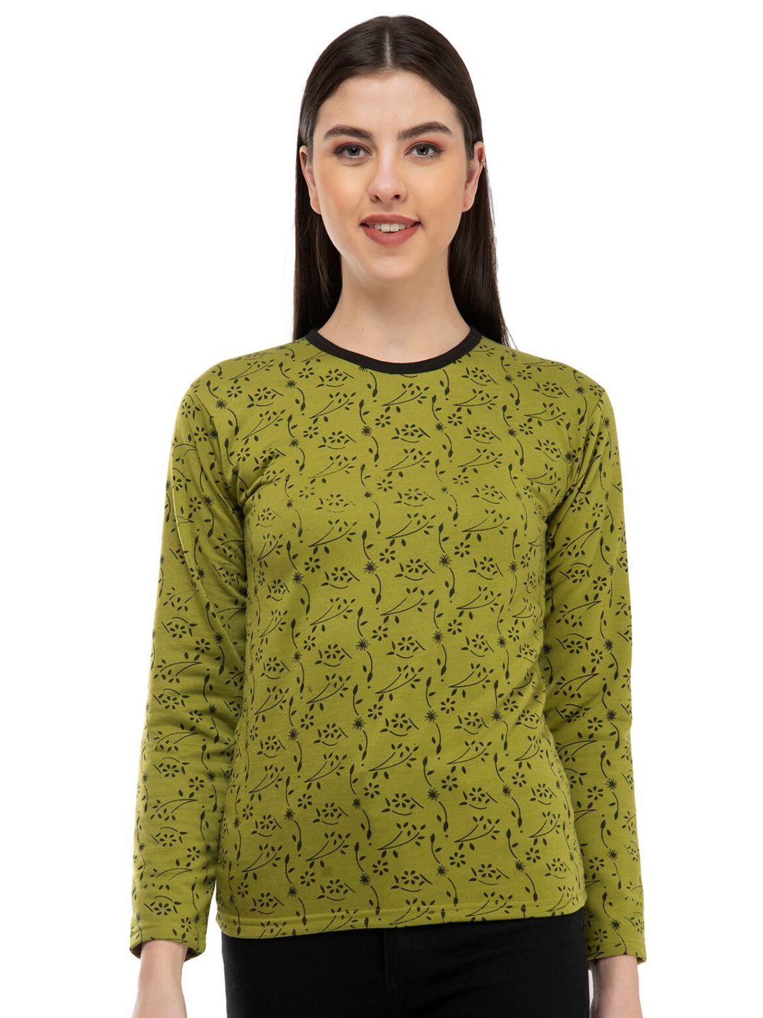 indiweaves women olive green printed drop-shoulder sleeves woollen pockets t-shirt