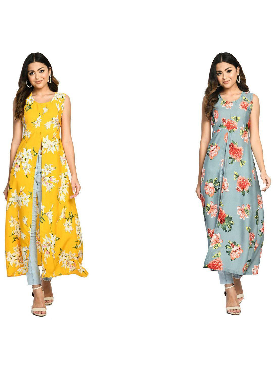 indiweaves pack of 2 floral printed sleeveless high slit a-line kurta