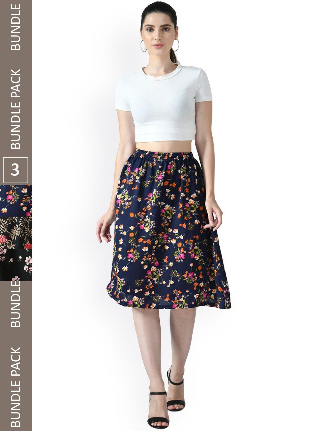 indiweaves pack of 3 floral printed crepe flared midi skirts