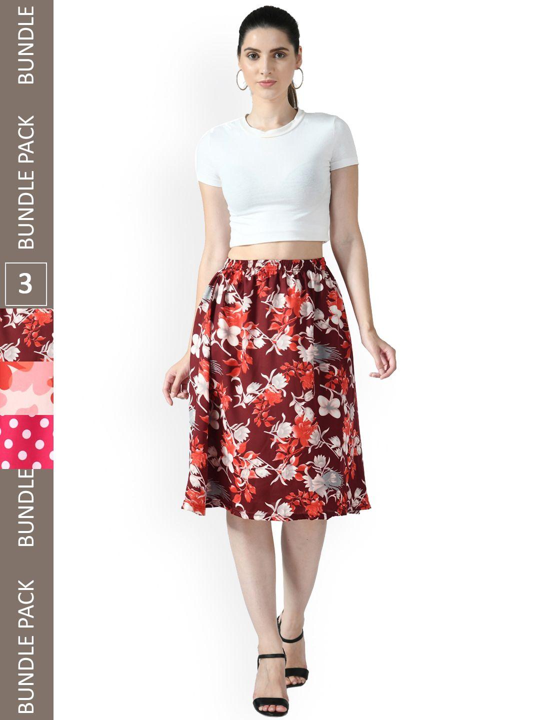 indiweaves pack of 3 floral printed flared midi skirts