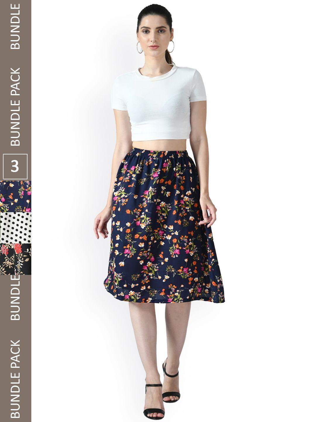 indiweaves pack of 3 floral printed flared midi skirts