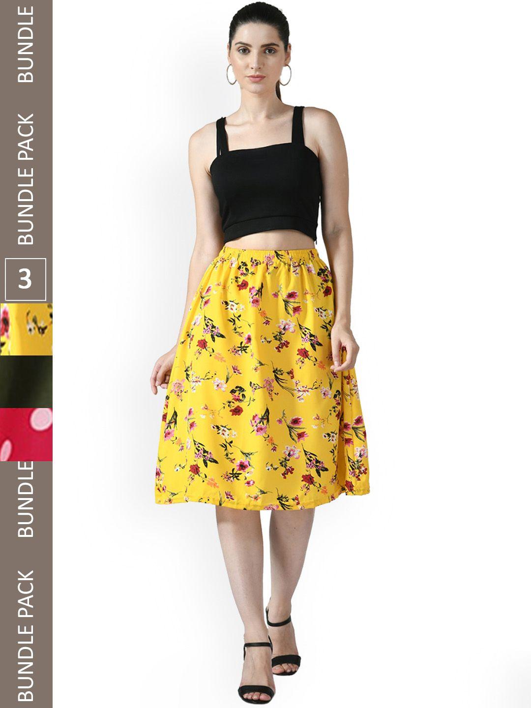 indiweaves pack of 3 floral printed flared midi skirts
