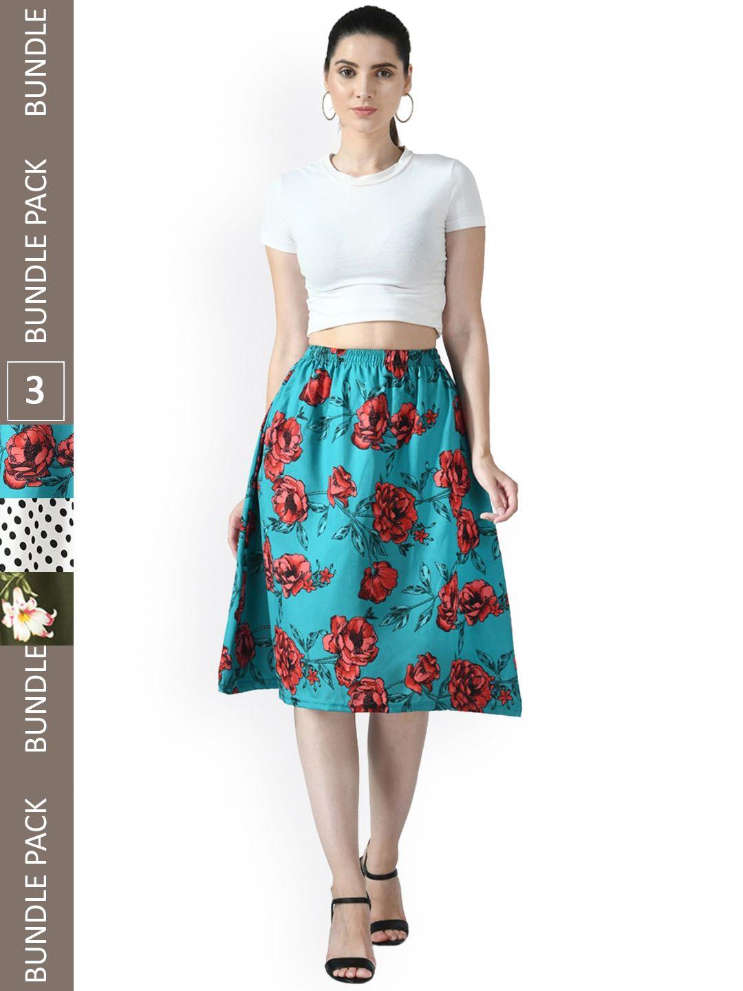 indiweaves pack of 3 floral printed flared midiskirts