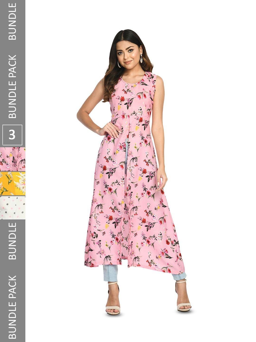 indiweaves pack of 3 floral printed sleeveless high slit a-line kurta