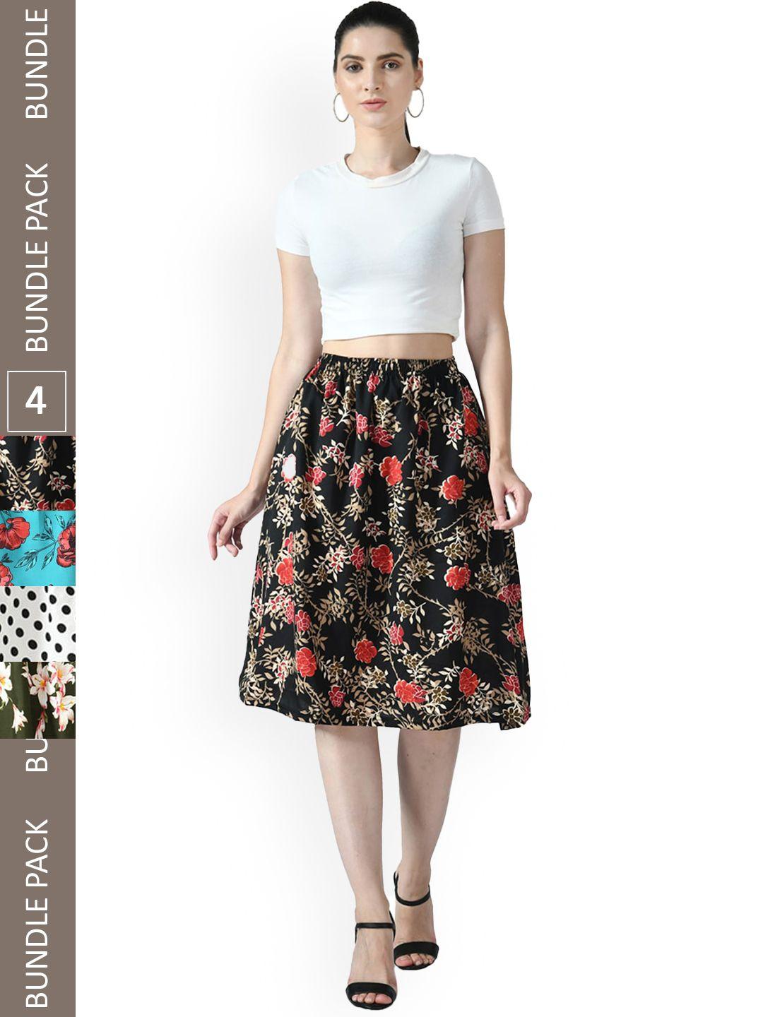 indiweaves pack of 4 floral printed flared knee length skirt