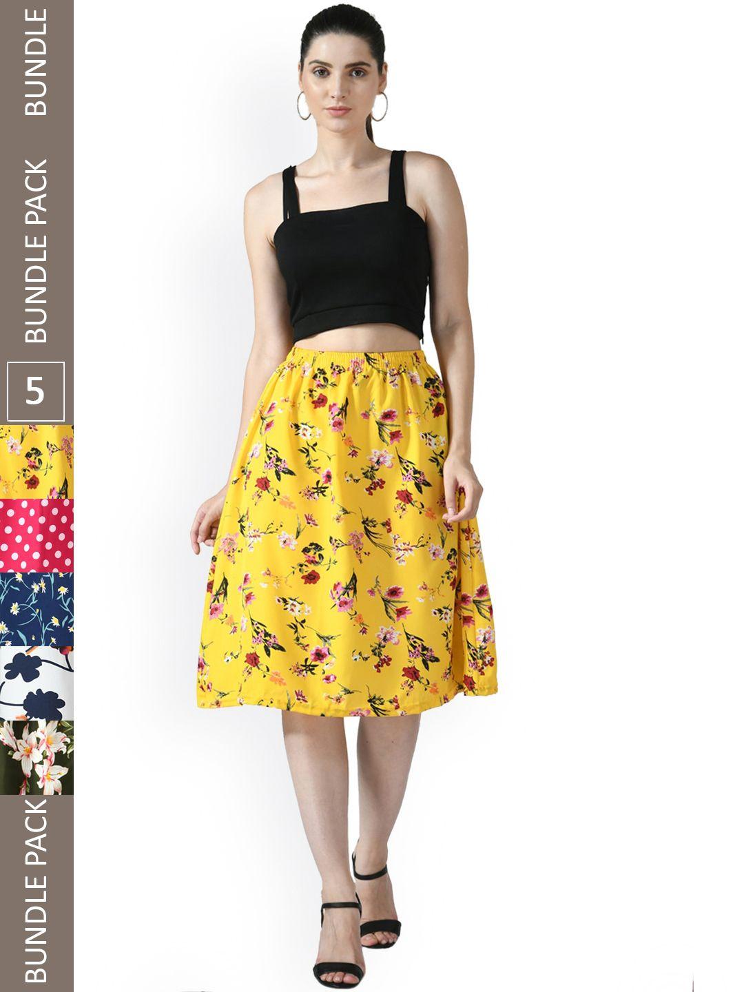 indiweaves pack of 5 floral printed flared midi skirts