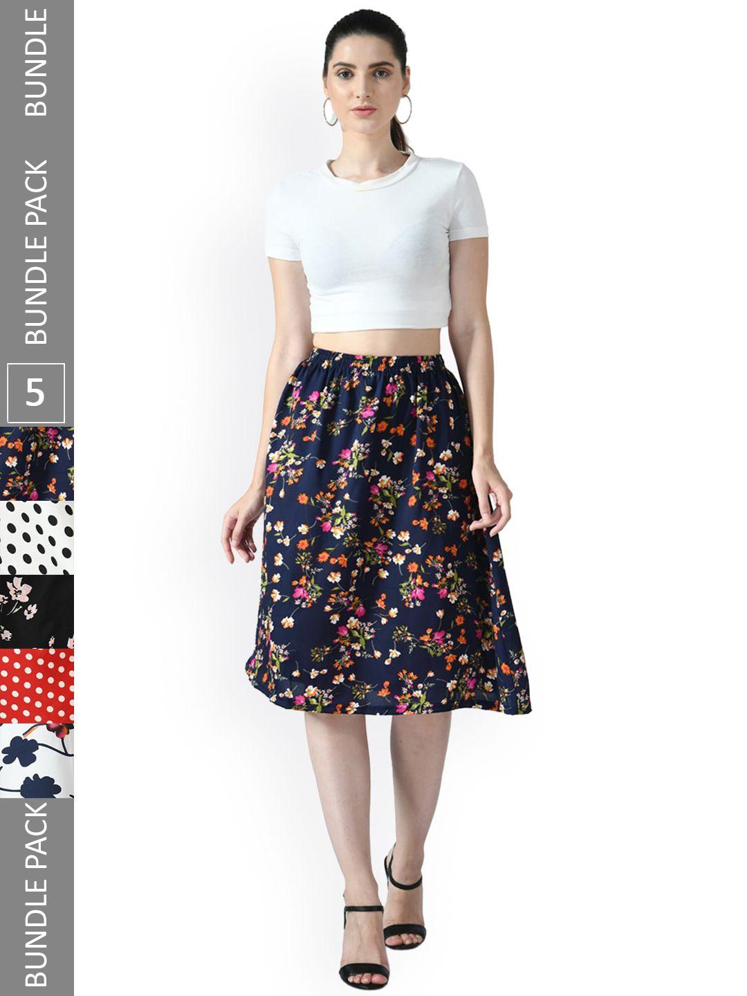 indiweaves pack of 5 floral printed flared midi skirts