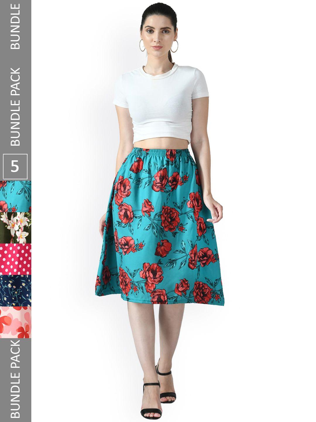 indiweaves pack of 5 floral printed flared midi skirts