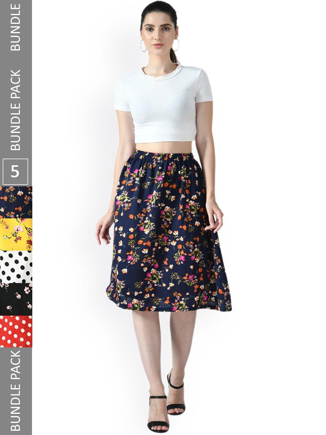 indiweaves pack of 5 floral printed flared midi skirts