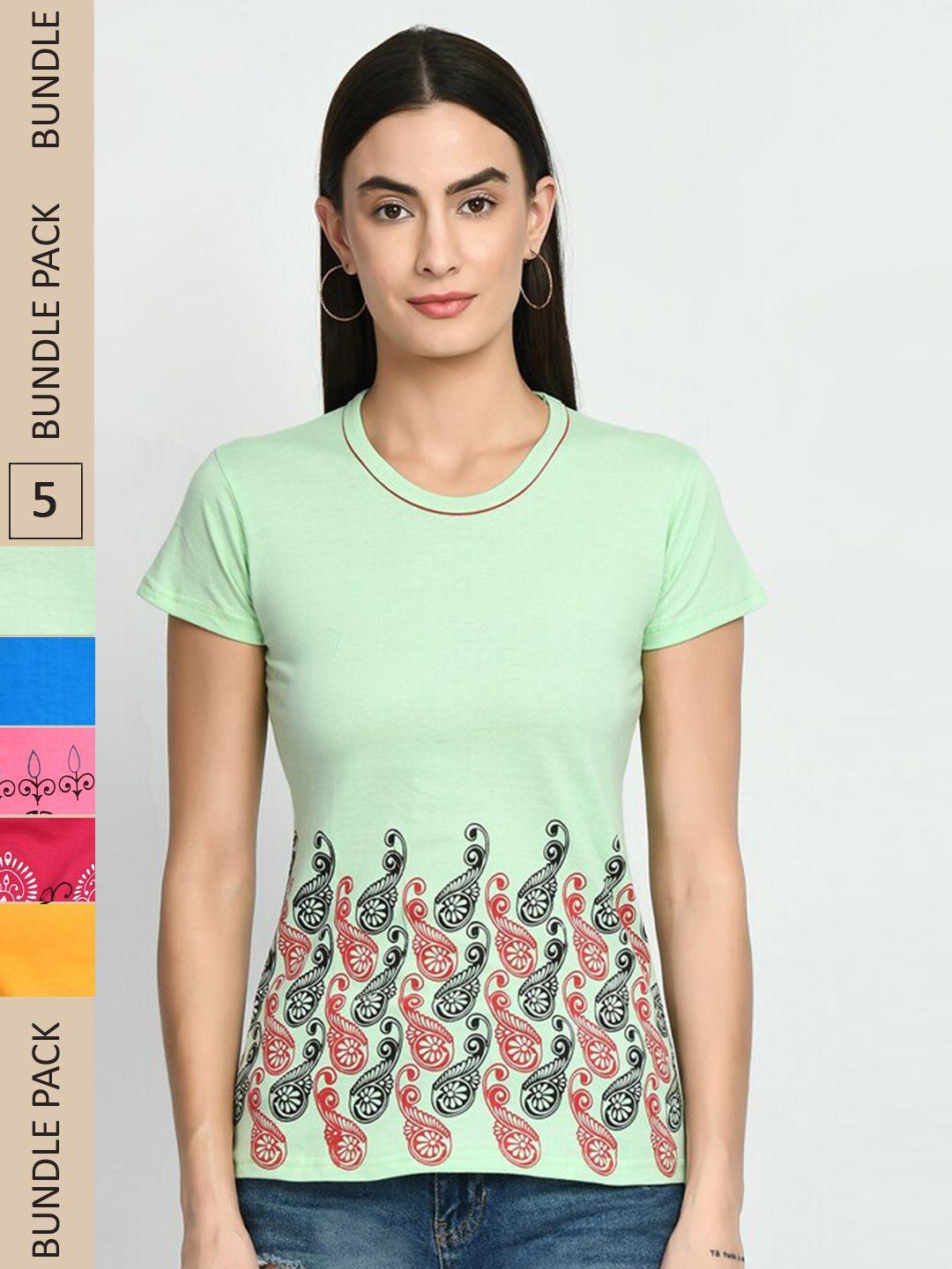 indiweaves women multicoloured 5 printed v-neck pockets t-shirt