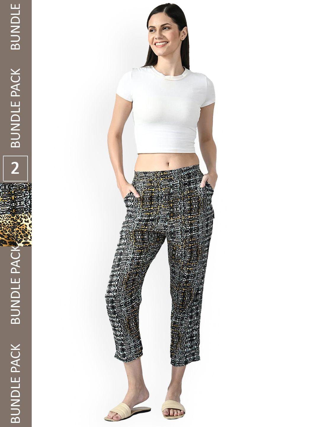 indiweaves women multicoloured animal printed relaxed straight leg straight fit high-rise trousers