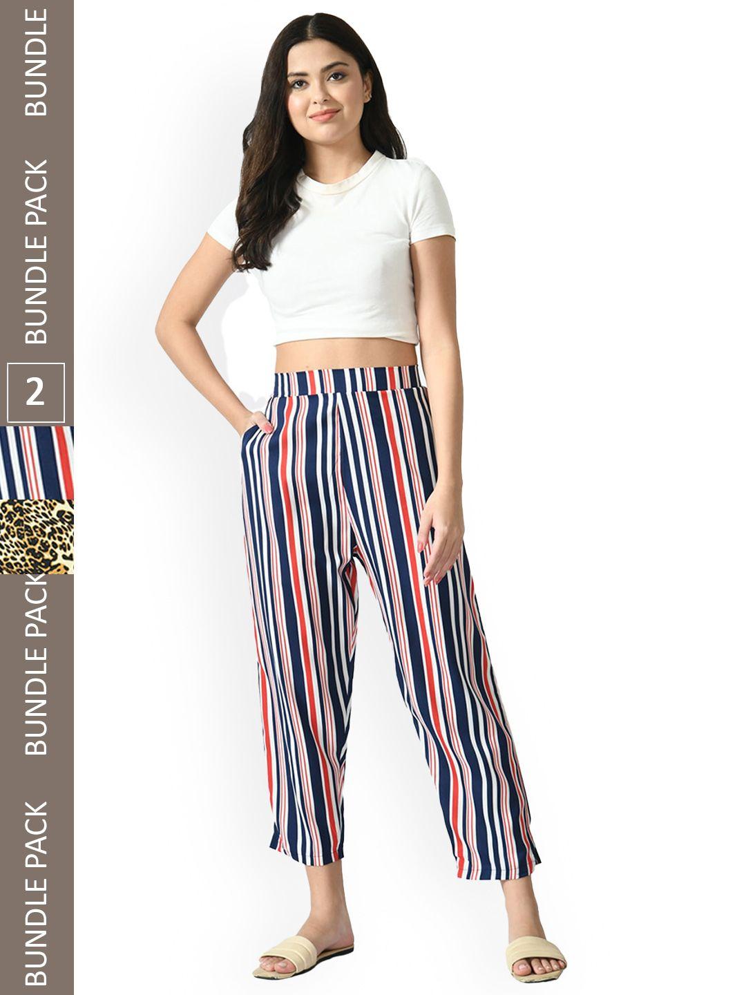 indiweaves women multicoloured printed relaxed straight leg straight fit high-rise trousers