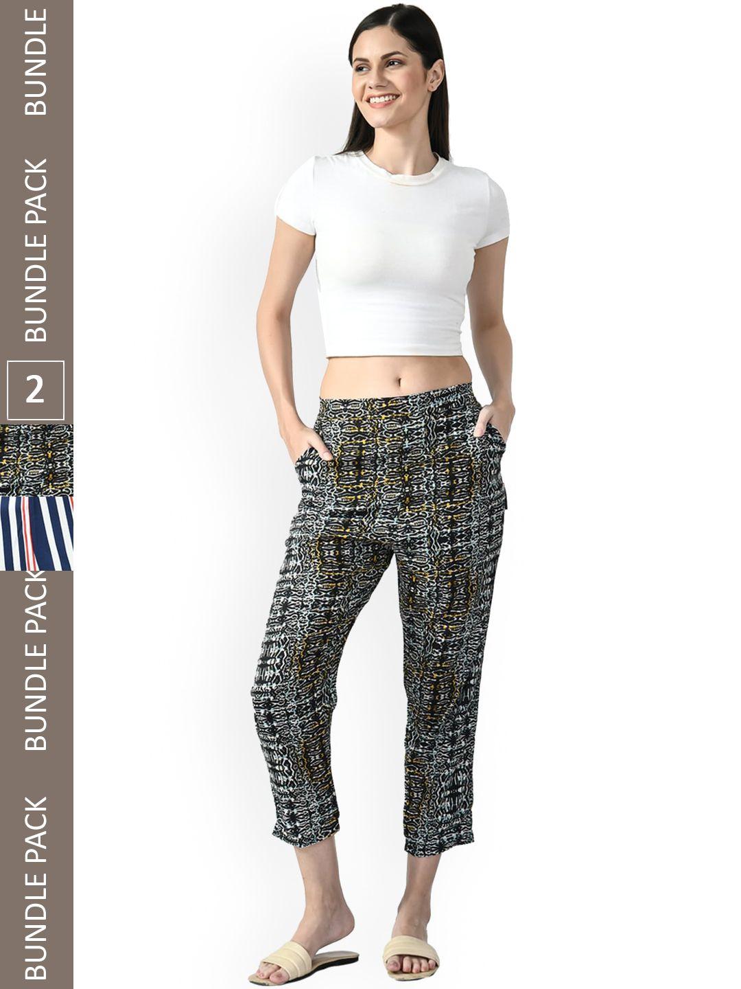 indiweaves women multicoloured printed relaxed straight leg straight fit high-rise trousers