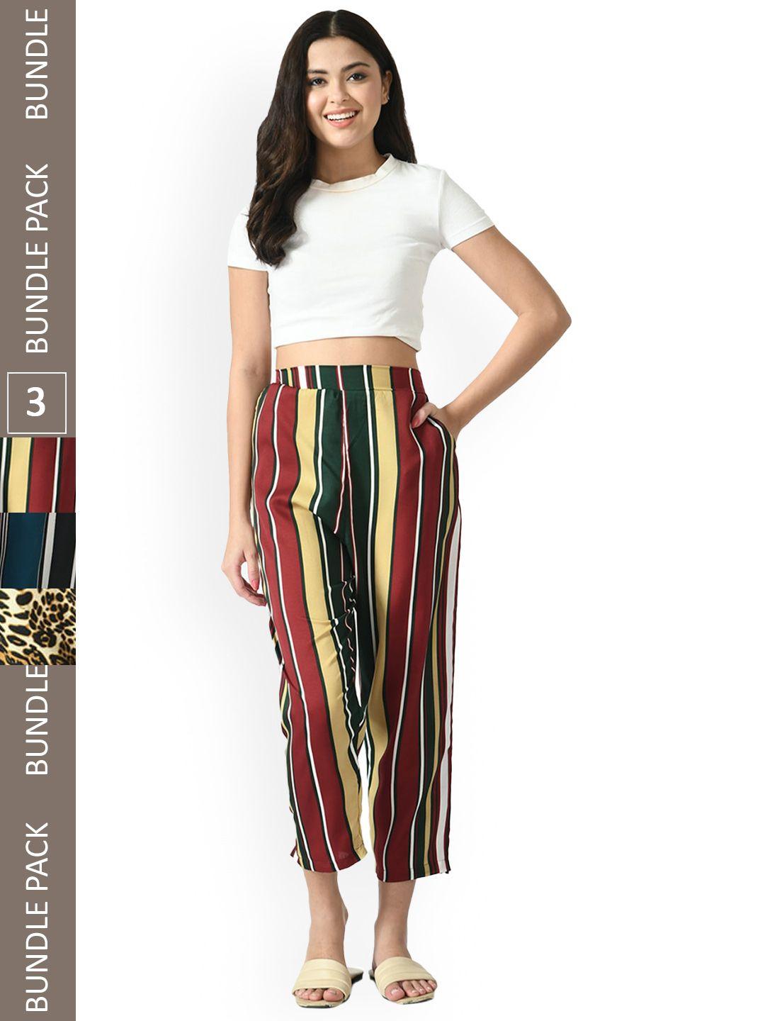 indiweaves women multicoloured striped relaxed straight leg straight fit high-rise trousers